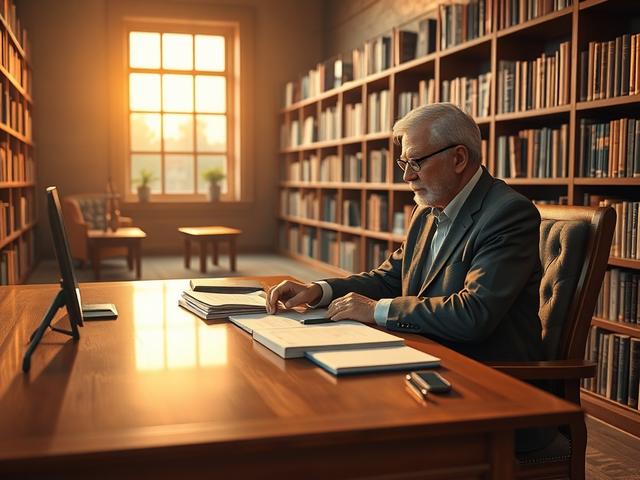 **AI Image Generation Prompt:**

Create a realistic high-resolution photo that showcases a solitary university professor sitting at a large, polished wooden desk, deeply engaged in reviewing a list of courses offered at universities worldwide. The professor should be an elderly man with glasses, dressed in smart-casual attire, emanating wisdom and experience. The desk should be adorned with neatly organized papers, highlighting various academic disciplines, such as science, arts, engineering, and humanities