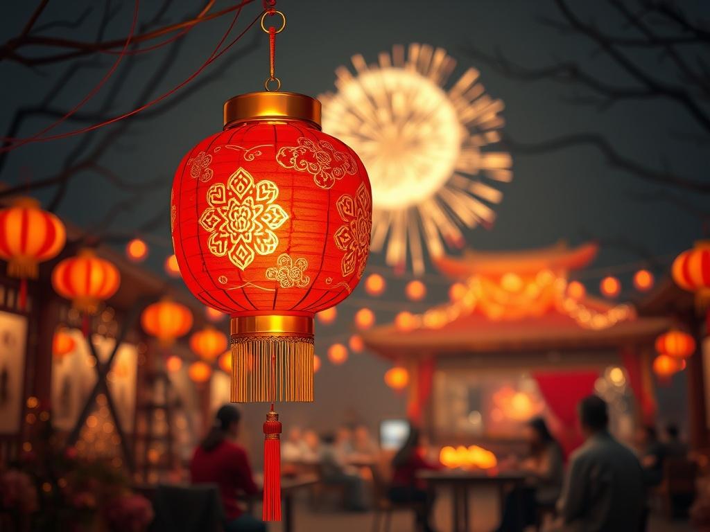 **AI Image Generation Prompt:**

Create a realistic high-resolution photo that captures the essence of a Chinese New Year celebration. The image should focus on a beautifully crafted red lantern, which is a traditional symbol of the festival. The lantern should be adorned with intricate gold designs, casting a warm glow in cozy, golden hues. Place the lantern centrally in the composition, allowing it to be the sole subject that draws the viewer's attention.

In the background, softly blurred but visible, in