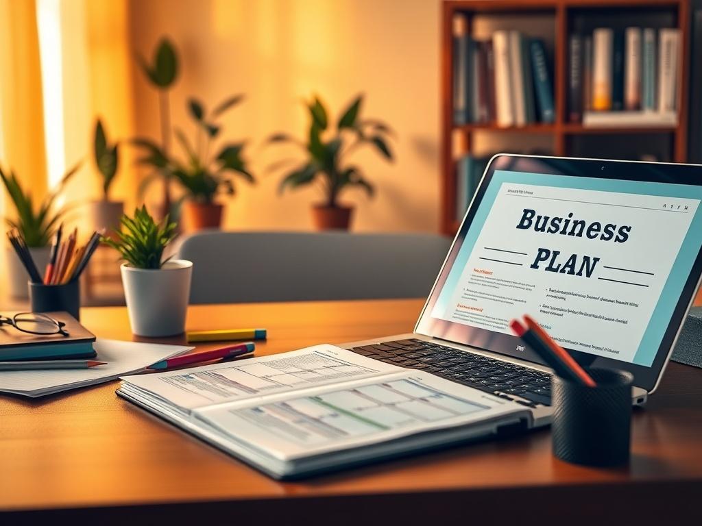 Create a realistic high-resolution photo that encapsulates the essence of the blog titled "How to Draft a Business Plan." In this image, focus on a single subject: a well-organized desk setup. The desk should feature a neatly arranged open notebook or a laptop showing a document titled 'Business Plan' with visible outlines, while nearby, there are colorful stationery items like pens and sticky notes, indicating planning in progress.

The background should be a softly lit, cozy office space with warm golden 