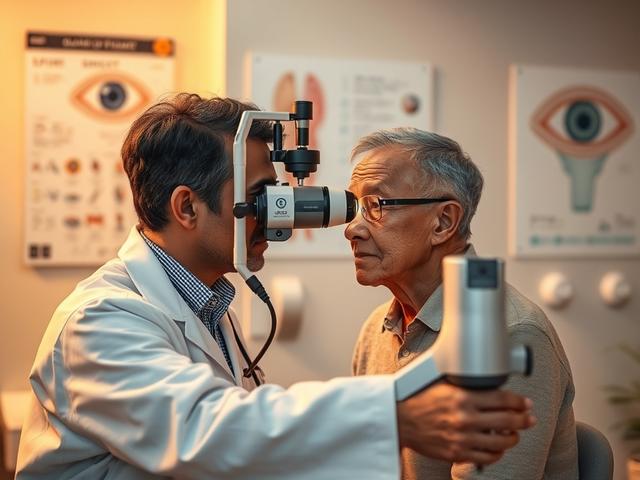 **AI Image Generation Prompt:**

Create a highly realistic, high-resolution photo that encapsulates the theme of "Eye Disease Treatment" with a focus on glaucoma. The composition should be simple and clear, featuring a single subject—a compassionate healthcare professional examining a patient's eyes using a sophisticated diagnostic tool. 

**Subject Matter:** The healthcare professional, a middle-aged individual of diverse descent, should be focused and engaged, demonstrating a caring demeanor as they assis