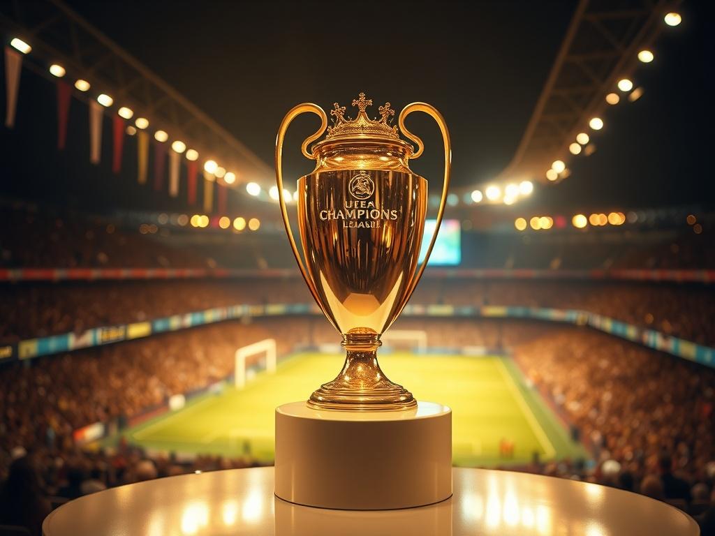 **AI Image Generation Prompt:**

Create a realistic high-resolution image that captures the essence of a blog titled "Records about the EUFA Champions League." The composition should be simple and clear, focusing on a single subject: a gleaming UEFA Champions League trophy placed on a polished pedestal. The trophy should look majestic, reflecting a soft golden hue with intricate details visible in the metalwork. 

In the background, create a softly blurred stadium setting with vibrant fan banners and lights