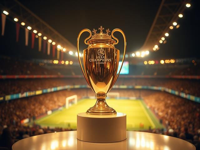 **AI Image Generation Prompt:**

Create a realistic high-resolution image that captures the essence of a blog titled "Records about the EUFA Champions League." The composition should be simple and clear, focusing on a single subject: a gleaming UEFA Champions League trophy placed on a polished pedestal. The trophy should look majestic, reflecting a soft golden hue with intricate details visible in the metalwork. 

In the background, create a softly blurred stadium setting with vibrant fan banners and lights