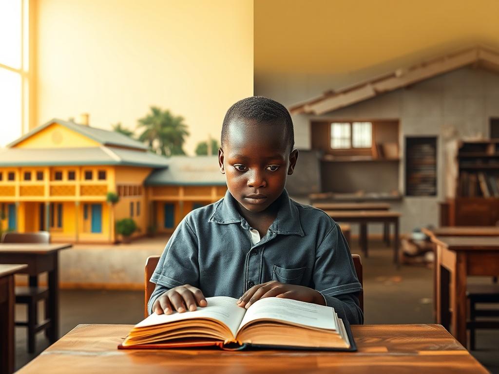 **AI Image Generation Prompt:**

Create a realistic high-resolution photo that encapsulates the essence of African education systems. The composition should feature a central subject—a young African student sitting at a wooden desk, intently focused on an open book. The student should be dressed in a clean and simple school uniform, symbolizing hope and aspiration in education.

In the background, softly blurred, depict elements that represent the contrast in educational systems across the continent. On one