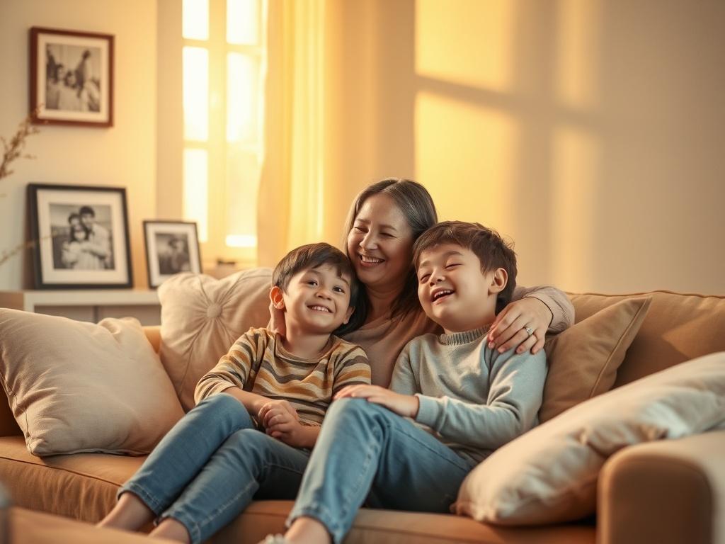 **AI Image Generation Prompt:**

Create a realistic high-resolution photo showcasing a warm and inviting scene that reflects the theme "How to raise your children to become your friends without spoiling them." The composition should feature a single subject: a joyful mother sitting on a cozy sofa in a softly lit living room with golden hues. She should be engaging warmly with her pre-teen child, who is seated beside her, both of them smiling and sharing a moment of connection. 

The background should depict