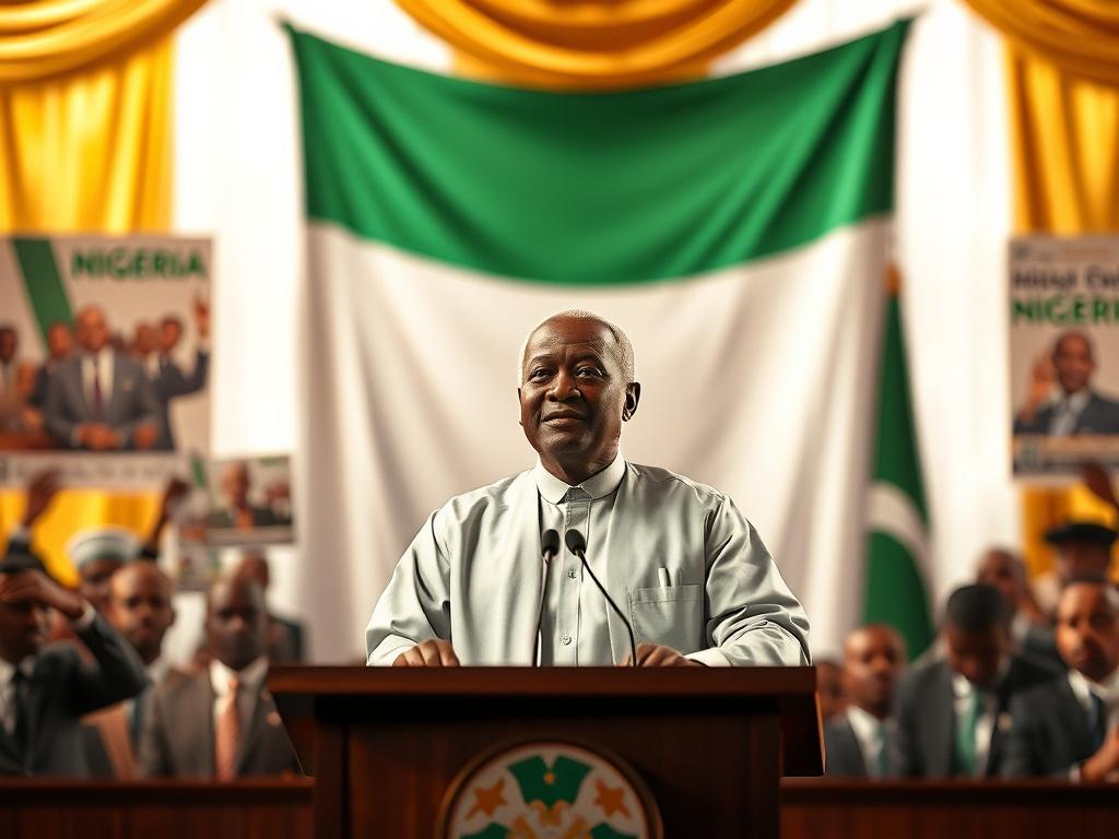 **AI Image Prompt:**

Create a realistic high-resolution photo depicting a significant moment in Nigeria's democratic elections since 1960. The central subject should be a dignified Nigerian president, dressed in formal attire that reflects traditional and contemporary cultural elements. The president should be standing confidently at a podium, surrounded by visual elements that symbolize democracy: a Nigerian flag proudly displayed in the background, and subtle but impactful images of voters casting their 