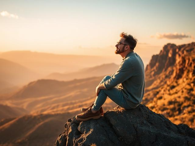 **AI Image Generation Prompt:**

Create a realistic high-resolution photo for a blog titled "Unlocking Your Potential: A Journey of Self-Discovery." The composition should feature a single subject—an individual sitting on a serene mountain cliff, gazing thoughtfully into the horizon. The person should be depicted in an inspiring pose, perhaps with their arms resting on their knees and a look of contemplation on their face, symbolizing a moment of self-discovery.

The individual should reflect diversity in a