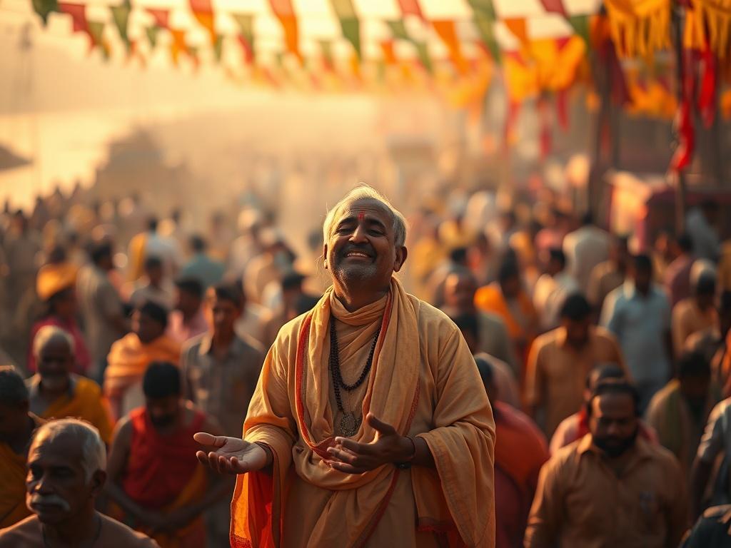 Create a realistic high-resolution photo that reflects the essence of "The World's Largest Gathering" focused on the Maha Kumbh Mela festival. The image should feature a single captivating subject: a joyful and meditative participant, dressed in traditional attire, immersed in the vibrant atmosphere of the festival. The subject should be positioned centrally, exuding a sense of peace and spirituality.

In the background, capture the essence of the massive gathering, with a blurred crowd of pilgrims celebrat