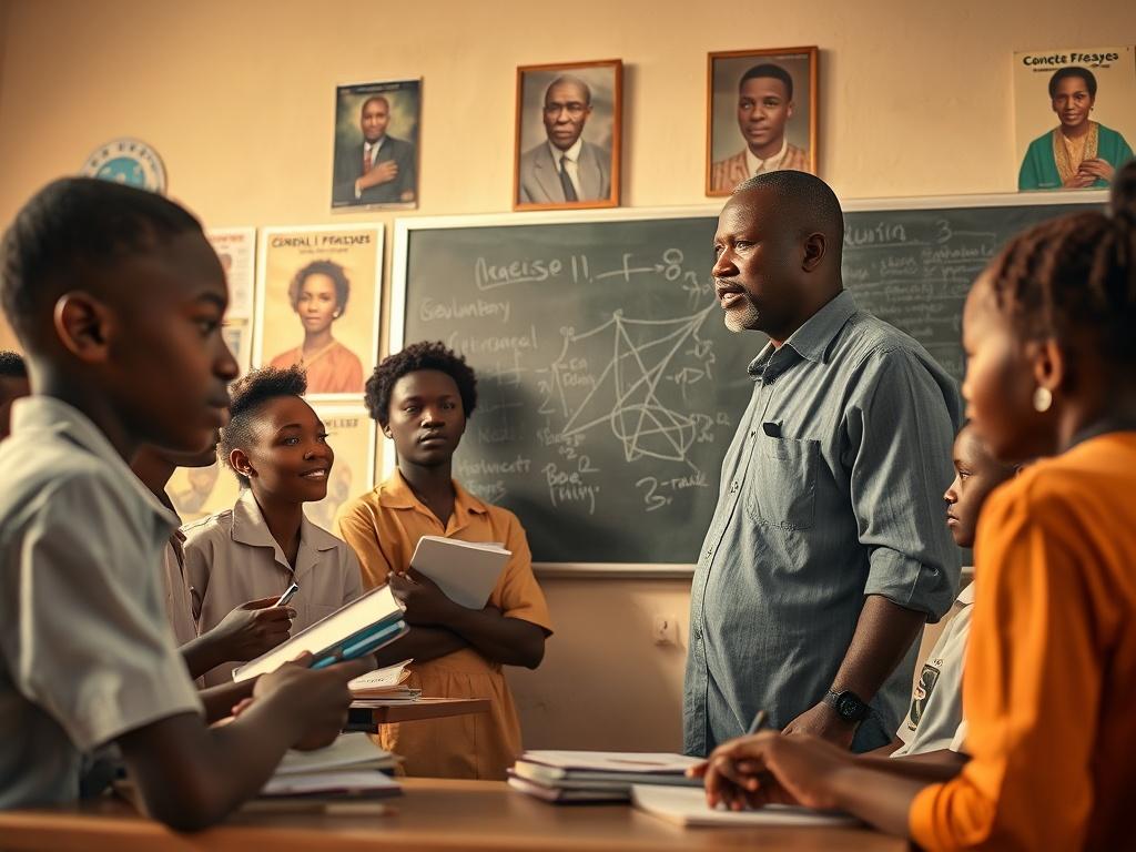 **AI Image Generation Prompt:**

Create a realistic high-resolution photo that encapsulates the essence of Nigeria's education system and curriculum. The composition should be simple and clear, focusing on a single subject: a Nigerian teacher engaging with a group of diverse students in a classroom setting. The teacher, a middle-aged man of Yoruba descent, stands at the front of the classroom, passionately explaining a complex concept using a chalkboard. The students, a mix of boys and girls from various et