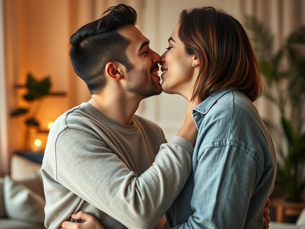 **AI Image Generation Prompt:**

Create a realistic high-resolution photo that captures the essence of a health-focused blog titled "Health Implications of Deep Kissing." The composition should feature a single, engaging subject: a couple engaged in a deep kiss, exuding warmth and intimacy. Both individuals should appear healthy and vibrant, with subtle smiles that convey joy and connection. 

The background should consist of a softly blurred, serene indoor setting, such as a cozy living room encased in gol