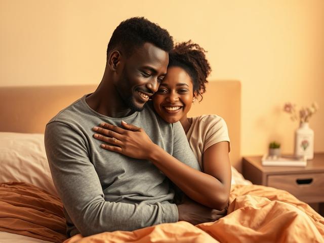 **AI Image Generation Prompt:**

Create a realistic high-resolution photo that embodies the intimacy and hopeful anticipation of a couple navigating their journey to conception. The focal subject should be a couple, an African man and woman in their mid-30s, engaging in a tender moment together in a cozy bedroom setting. They should appear relaxed, with soft smiles that reflect their love and shared dreams. The woman can gently rest her head on the man's shoulder, while he wraps an arm around her, symbolizi