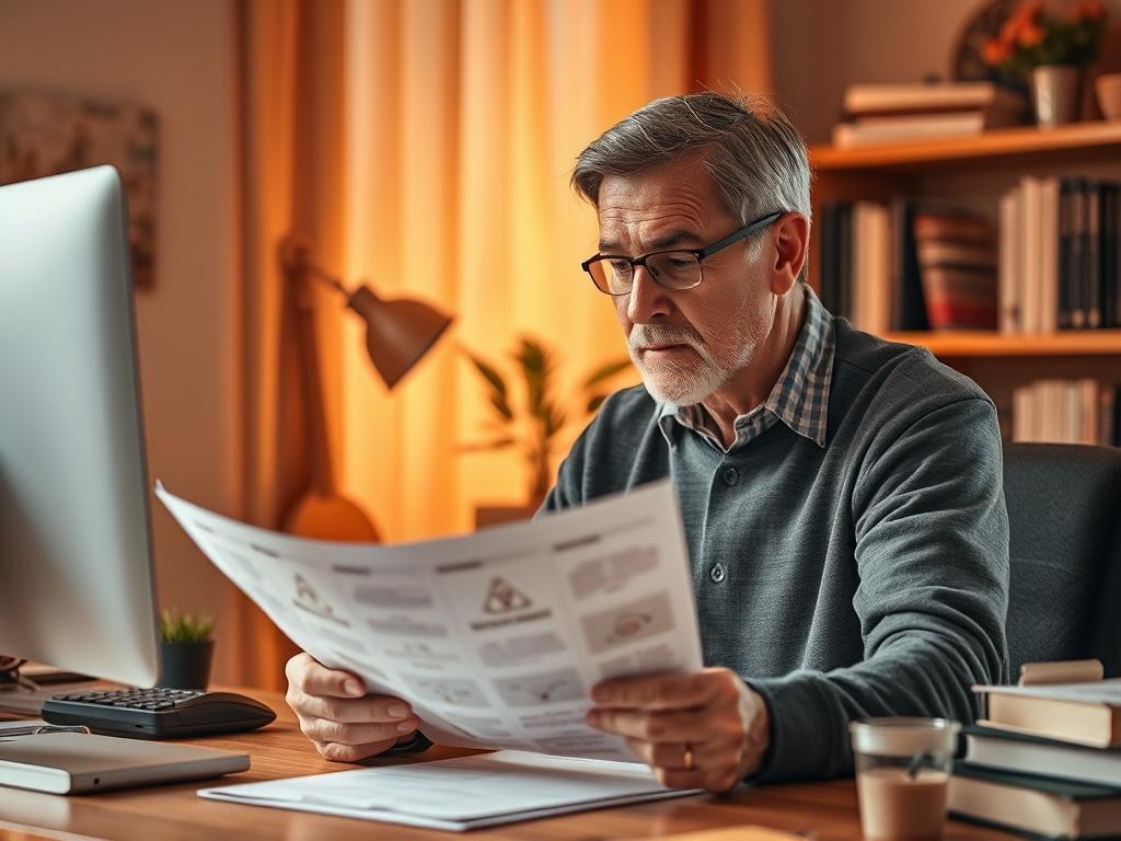 **AI Image Generation Prompt:**

Create a realistic high-resolution image that encapsulates the essence of a blog titled "How to Identify a Scam." The composition should be simple and clear, featuring a single subject: a thoughtful person in a cozy, softly lit home office environment. 

**Composition Details:**
- Place the subject (a middle-aged individual, gender-neutral, with an expression of contemplation) sitting at a desk, leaning slightly forward as they analyze a printed document. This document shoul