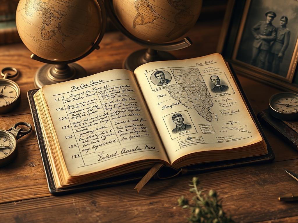 **AI Image Generation Prompt:**

Create a realistic high-resolution image that embodies the theme "World War One and All That Transpired." The composition should feature a single, central subject: a vintage military diary, worn and weathered, resting open on a rustic wooden desk. The open pages of the diary should be filled with handwritten notes and sketches, illustrating key themes of World War One, such as a timeline of the causes, maps of the involved countries, and portraits of significant figures from