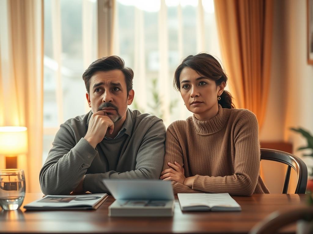 **AI Image Generation Prompt:**

Create a realistic high-resolution photo that embodies the themes of "Genotype and Blood Group Mismatch and Its Consequences." The image should feature a thoughtful, concerned couple seated at a cozy dining table, symbolizing the importance of communication and understanding. The couple should be the central subject, expressing a mix of worry and determination as they discuss their health and future.

**Composition:** Keep the composition simple and clear, focusing solely on