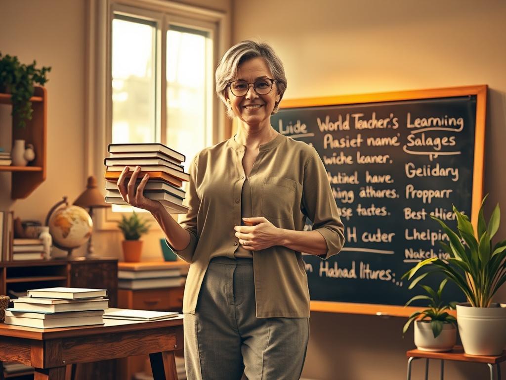 **AI Image Generation Prompt:**

Create a realistic high-resolution photo that embodies the essence of "World Teacher's Day." The composition should feature a single, inspiring subject—a middle-aged female teacher standing confidently in a cozy classroom environment. She holds a stack of books in one hand, symbolizing knowledge and education, while her other hand gestures towards a chalkboard filled with positive messages about learning and growth. 

The background should portray a warm and inviting classro