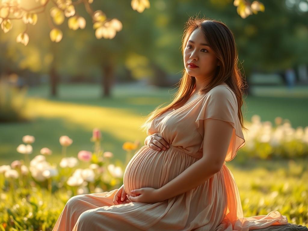 Create a realistic high-resolution photo that embodies the themes of pregnancy and preventive care regarding miscarriage. Focus on a serene and peaceful atmosphere to evoke a sense of hope and reassurance. 

**Subject Matter:** Center the image around a contemplative expectant mother, appearing in her second trimester, sitting outdoors in a sunlit park. She is dressed in a soft, flowing dress with gentle colors that harmonize with the warm golden hues of the light around her. The look on her face is calm an