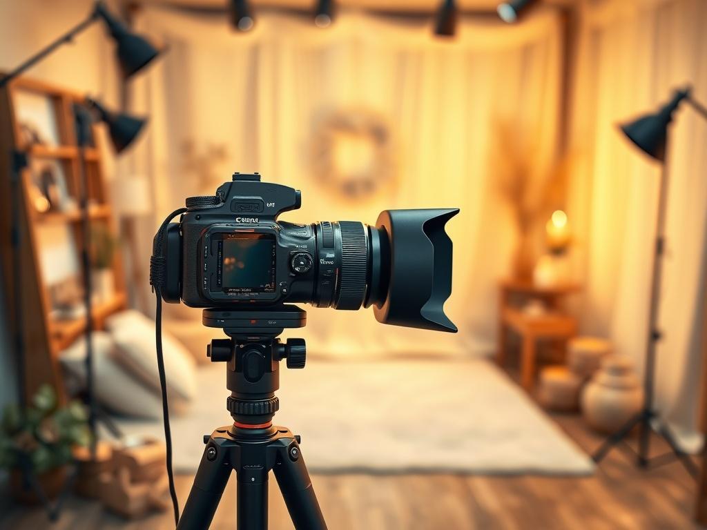 A serene photography studio setting with soft golden lighting, showcasing a professional camera on a tripod in the foreground. The background features a cozy and inviting atmosphere with wooden props and elegant decorations, creating a warm ambiance. The focus is on the camera, symbolizing the art of photography, with a soft blur effect on the background to enhance the subject's prominence.