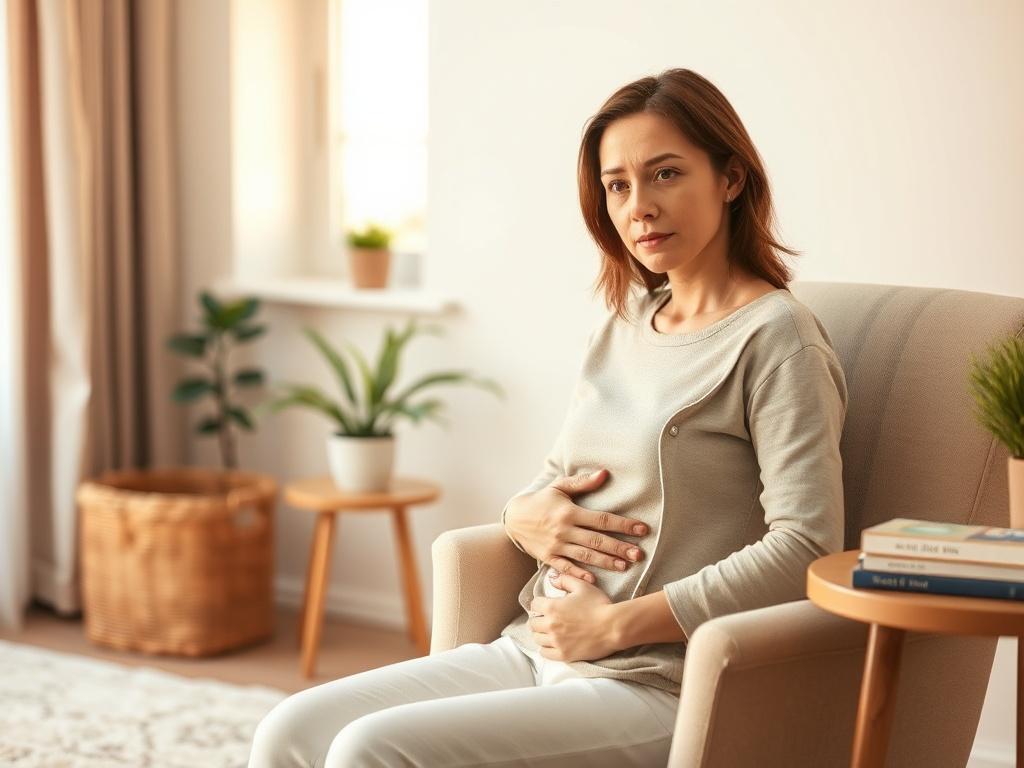 **Prompt for AI Image Generator:**

Create a realistic high-resolution photo that embodies the essence of a health blog post titled "What is Fibroid." The image should feature a single subject: a woman in her early 30s, seated comfortably in a softly lit, serene room. She displays a contemplative expression, holding her abdomen gently, indicating concern or reflection regarding fibroids. 

The background should be simple and calming, depicting cozy furnishings such as a plush armchair and a small, well-lit 