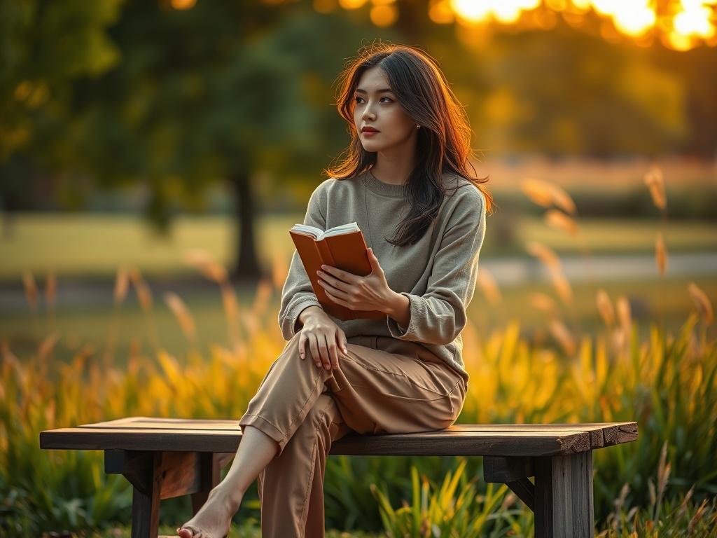 **Prompt for AI Image Generation:**

Create a realistic high-resolution photo that embodies the theme of overcoming hopelessness. The composition should be simple and clear, focusing on a solitary female figure seated on a wooden bench in a serene park during the golden hour of sunset. The woman, appearing to be in her late 20s or early 30s, has a thoughtful and contemplative expression, symbolizing her struggle with feelings of despair. 

She wears comfortable yet stylish clothing that represents a journey