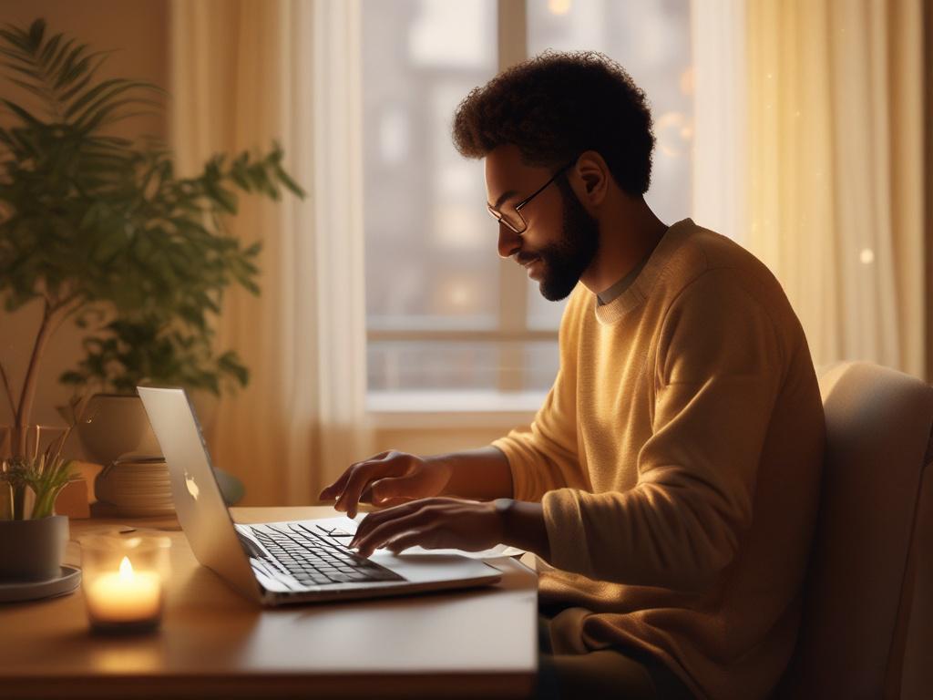A realistic high-resolution photo of a person typing on a laptop in a cozy, softly lit room with golden hues creating a serene atmosphere. The background shows a peaceful workspace with warm tones complementing the rgb(245, 77, 77) primary color, evoking focus and inspiration.