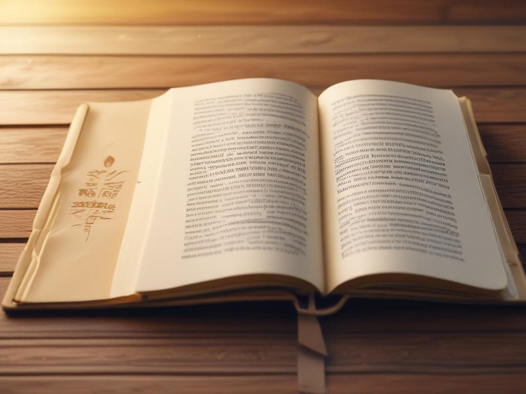 A realistic high-resolution photo of an open inspirational book resting on a wooden table bathed in cozy, golden light. Soft lighting highlights the pages with serene atmosphere, evoking calm and motivation. The background is softly blurred with warm hues complementing the rgb(245, 77, 77) primary color, creating an inviting and peaceful reading environment.