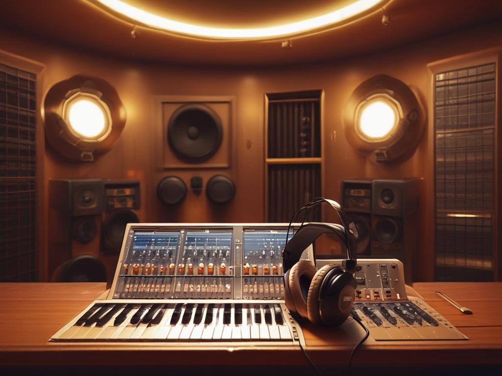 A realistic high-resolution photo of a modern music studio featuring a mixing console and headphones illuminated by soft, warm golden lighting. The atmosphere is serene and inviting, with a focus on the professional equipment, set against a background with subtle warm hues that harmonize with the rgb(245, 77, 77) primary color.