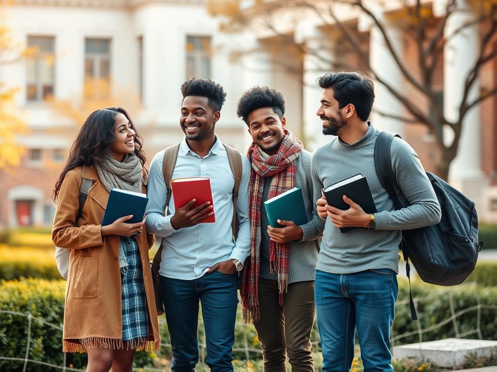 **AI Image Generation Prompt:**

Create a realistic high-resolution photo that encapsulates the theme of "Universities in the World with Free Scholarship Sponsorship for Students." 

**Composition:** 

- The composition should be simple and focused, featuring a single subject – a diverse group of four university students standing together in an inspiring outdoor university setting. 
- Each student should represent different ethnicities (e.g., Caucasian, African, Asian, and Hispanic), symbolizing the global 