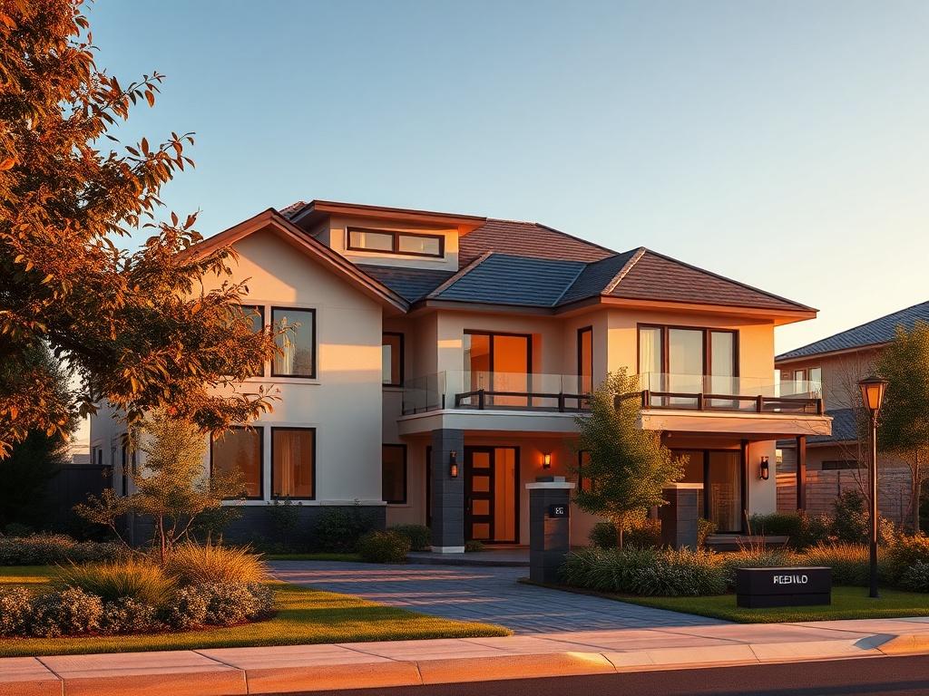 A serene and inviting image of a modern real estate property, showcasing a beautiful exterior with lush landscaping under soft golden lighting. The focus should be on the property itself, surrounded by a peaceful atmosphere, with a clear blue sky in the background. The composition should emphasize the stability and attractiveness of the investment, reflecting qualities like reliability and affordability.