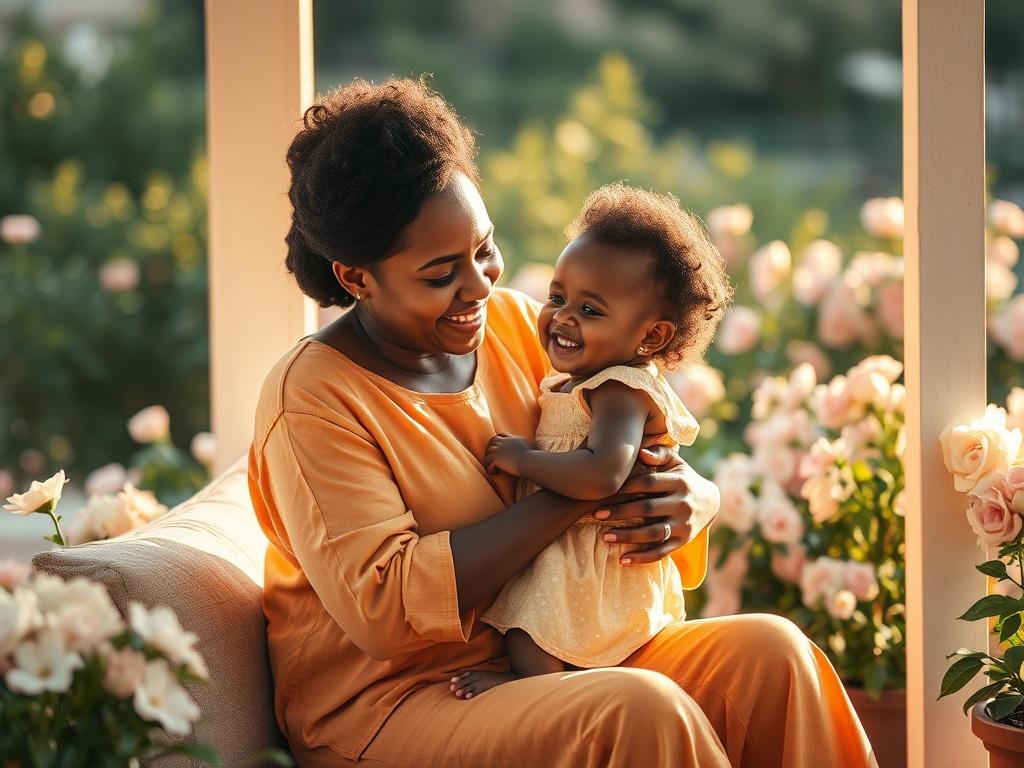 **AI Image Generation Prompt: World Mother's Day**

Create a realistic high-resolution image that beautifully captures the essence of World Mother’s Day, which is celebrated annually on the second Sunday of May. The image should focus on a single subject: a loving mother and her child, sharing a tender moment. The mother, of African descent, is depicted sitting on a cozy, sunlit porch, cradling her smiling toddler in her arms. The connection between them should radiate warmth and affection, emphasizing the 