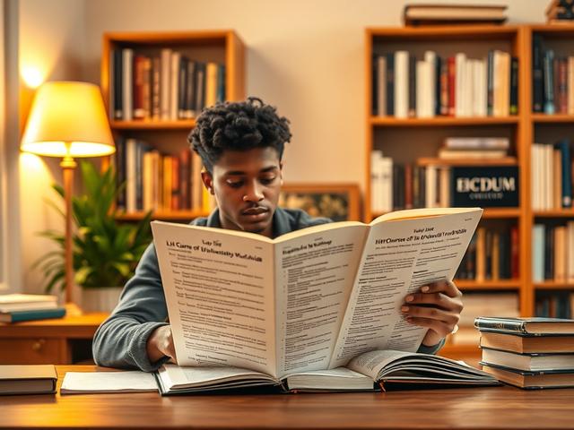 Create a realistic high-resolution image focusing on a student sitting at a wooden desk, deeply engaged in reading a large book titled "List of Courses Offered in Universities Worldwide." The student, a young adult of diverse ethnic background, is dressed casually yet thoughtfully, absorbed in thought as they leaf through the pages.  

In the background, softly blurred elements of a cozy study are visible: a bookshelf lined with various academic texts, a soft golden-hued lamp casting warm light over the sce