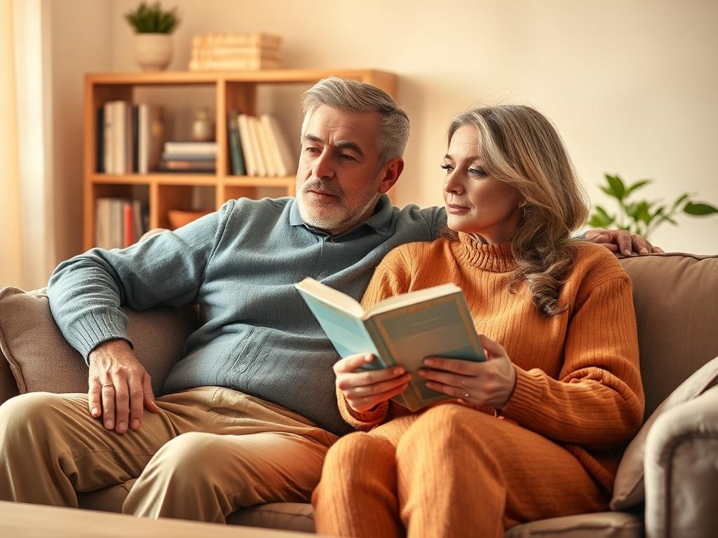 **AI Image Generation Prompt:**

Create a realistic high-resolution image that embodies the theme of "Causes of Infertility in Men and Women and Prevention Measures." The composition should be simple and clear, focusing on a solitary subject that represents the emotional weight of infertility.

**Subject Matter:**  
Place a middle-aged couple sitting together on a cozy couch, exuding a sense of vulnerability yet hope. The man should have a contemplative expression, symbolizing the emotional struggle that me