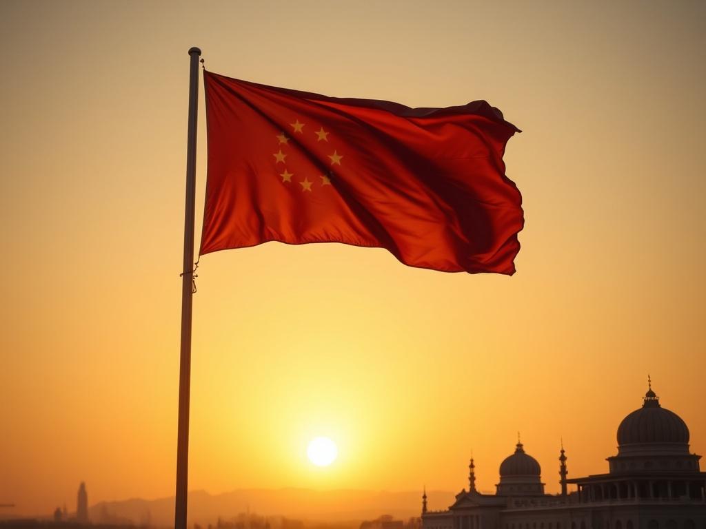 **Prompt for AI Image Generation:**

Create a realistic high-resolution photo that captures the essence of global power dynamics, specifically focusing on the subject of the world's leading country. The main subject should be a majestic and grand flagpole set against a serene sunset backdrop, proudly displaying the emblem of the current world power—an elegant and detailed national flag waving in the breeze.

In the foreground, include a clean and simple composition where the proud flag is the focal point, e
