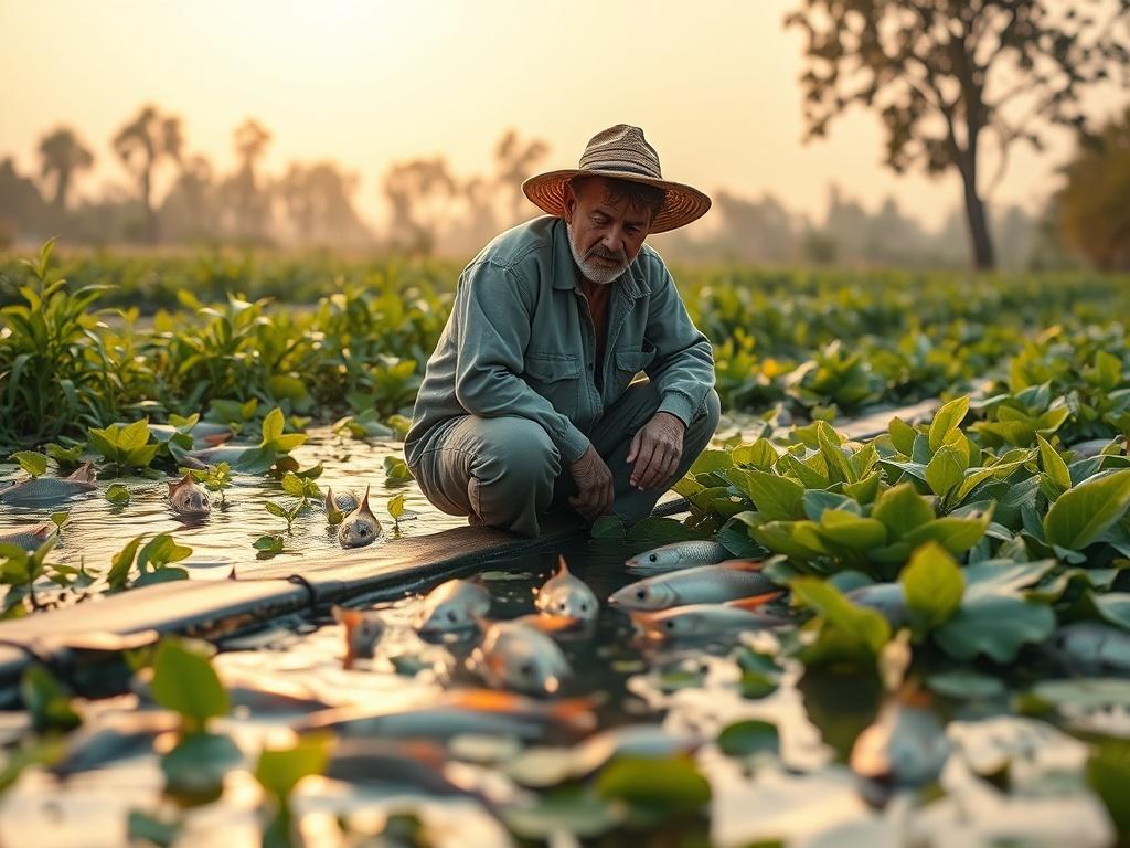**AI Image Generation Prompt:**

Create a realistic high-resolution photo capturing the essence of a thriving fish pond farm. The composition should be simple and clear, showcasing a single subject prominently in the foreground—an experienced farmer kneeling by the edge of a lush, well-maintained fish pond. The farmer should be observing the fish, demonstrating a hands-on approach to fish farming, dressed in practical work clothes, looking focused and engaged.

Surrounding the pond, incorporate vibrant gree