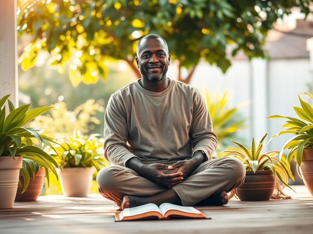 **AI Image Generation Prompt:**

Create a realistic high-resolution photo that captures the essence of a blog titled "How to Live in Supernatural Health." In this image, feature a single subject: a serene, middle-aged African man sitting cross-legged on a sunlit patio. He should exhibit a look of calm confidence, embodying the principles of health and wellness. 

The subject is dressed in comfortable, casual clothing, emanating a sense of peace and mindfulness. Surround him with lush green plants, symbolizi