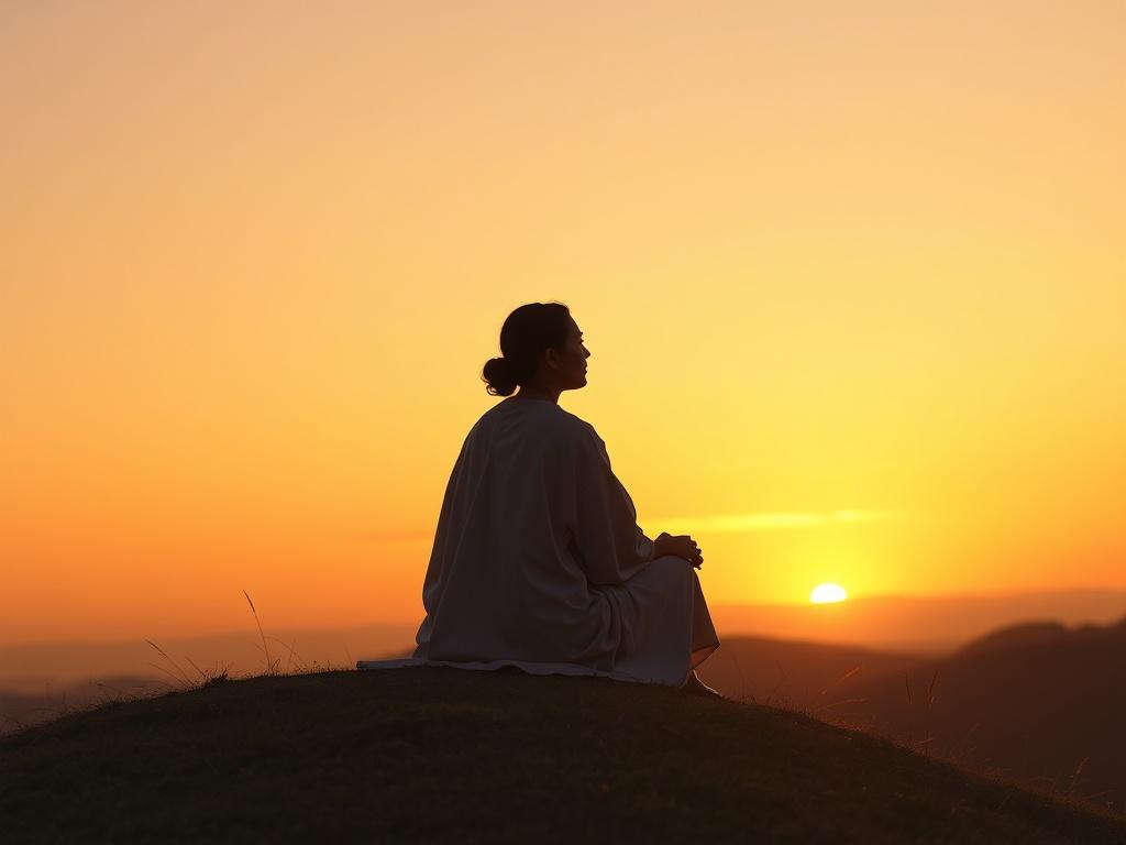 **AI Image Generator Prompt:**

Create a realistic high-resolution photo that captures the essence of a contemplative blog titled "Is Reincarnation Real?". The image should depict a serene, tranquil scene that invites reflection and introspection. 

**Subject Matter:** Place a solitary, contemplative figure sitting on a gentle hilltop at sunset. The figure should be dressed in simple, flowing garments that evoke a sense of peacefulness. They should be gazing thoughtfully into the distance, symbolizing deep 