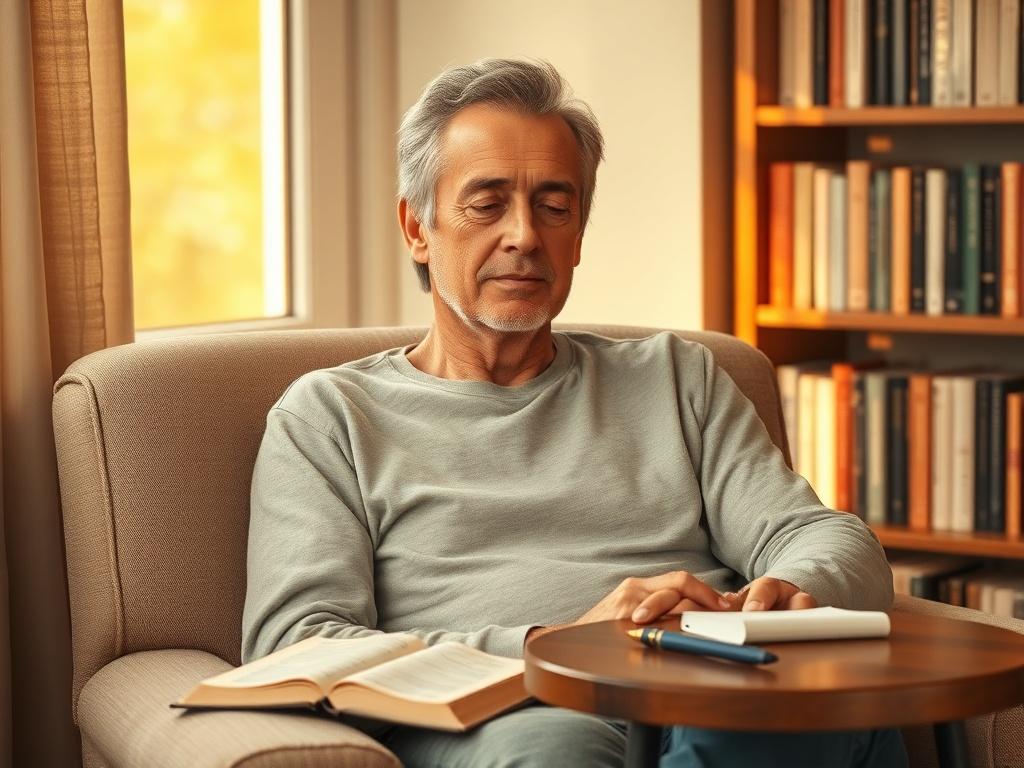 **Prompt for AI Image Generator:**

Create a realistic high-resolution image that embodies the essence of a blog post titled "How to Hear from God." The composition should be simple and clear, focusing on a single subject—a serene individual seated in quiet contemplation in a cozy, softly lit environment. 

The subject, a middle-aged person with a peaceful expression, should be shown in a comfortable chair, perhaps near a window that softly filters warm golden light into the scene. Their eyes should be gent