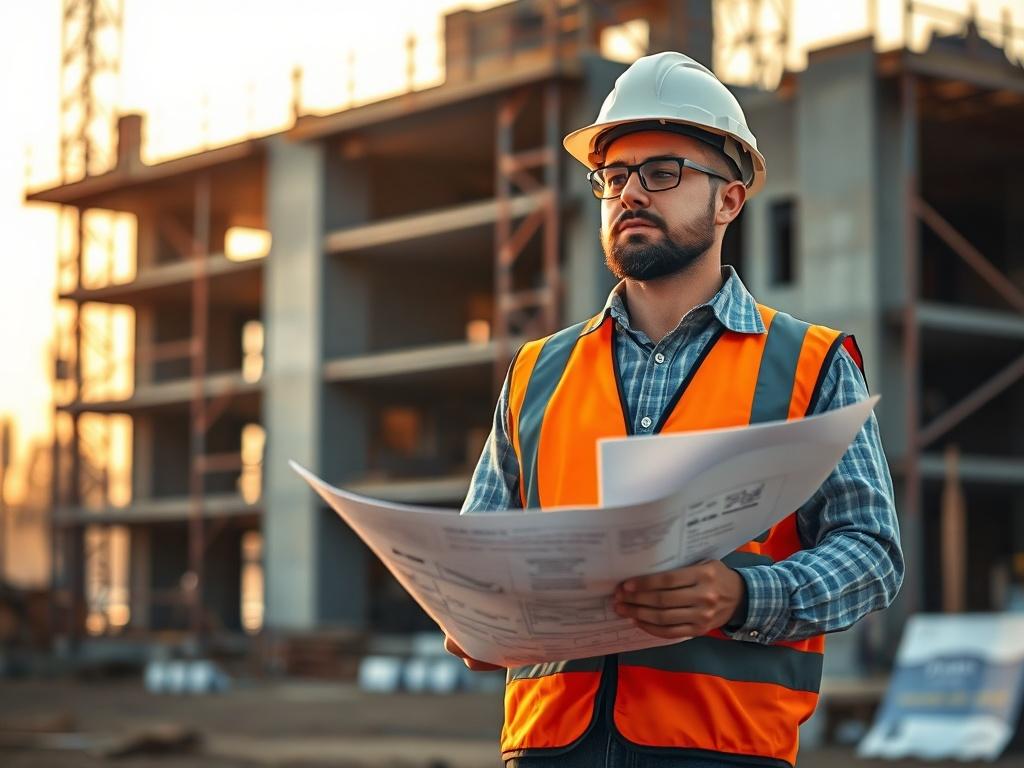 A construction engineer standing confidently at a construction site, wearing a hard hat and safety vest, inspecting blueprints. The background shows a partially constructed building with scaffolding and construction materials. The scene is bathed in soft, golden hues with warm lighting, evoking a serene yet industrious atmosphere.