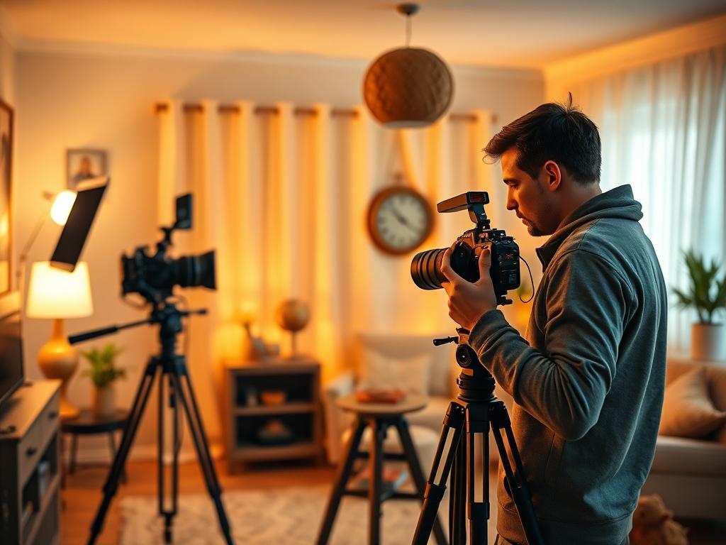 A cozy, golden-hued room with soft lighting, featuring a professional video production setup. The scene includes a high-quality camera on a tripod, a soft-focus backdrop, and warm, inviting decor. The atmosphere is serene, emphasizing creativity and inspiration, with a single subject - a filmmaker adjusting the camera settings, deeply focused on capturing the perfect shot.