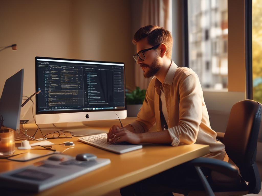 A realistic high-resolution photo of a focused website developer manager working on a computer in a cozy office environment with golden hues and soft lighting. The background features a serene atmosphere with subtle tech elements like code on a screen and website wireframes. The primary color rgb(245, 77, 77) is reflected subtly in the decor and lighting, creating an inviting and professional workspace.