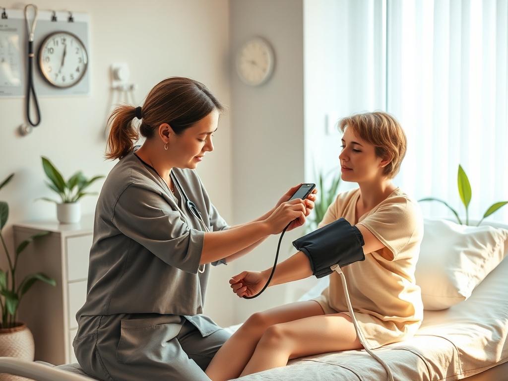 **AI Image Generation Prompt:**

Create a realistic high-resolution photo that encapsulates the essence of a blog about "High Blood Pressure." The composition should be simple and clear, focusing on a single subject—a caring healthcare professional, such as a nurse or doctor, gently measuring a patient’s blood pressure with a sphygmomanometer. The healthcare professional should exhibit a warm and compassionate demeanor, showcasing a strong connection with the patient, who should be sitting comfortably on an