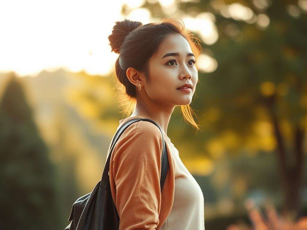 **AI Image Generation Prompt:**

Create a realistic, high-resolution image that visually represents the blog titled "How to Build Self-Esteem." The composition should be simple and clear, featuring a single subject that embodies confidence and resilience. 

**Subject Matter:** The focal point of the image is a young adult, a woman, standing tall against a serene outdoor backdrop. She possesses self-assured body language, with her shoulders back and her head held high, showcasing an expression of determinati