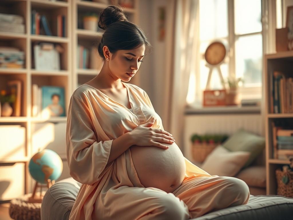 **AI Image Generation Prompt:**

Create a realistic high-resolution image that reflects the blog titled "How Can One Birth an Intelligent Child." The scene should feature a serene and cozy atmosphere, enhanced by golden hues and soft lighting to evoke a nurturing environment. 

The primary subject should be a pregnant woman sitting in a comfortable, well-lit room, gently cradling her baby bump while appearing deeply contemplative. Her expression should convey a sense of hope and determination, symbolizing t