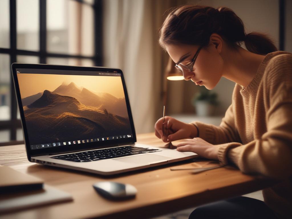 A realistic high-resolution photo of a focused professional working on a sleek laptop in a cozy, golden-hued room with soft lighting and a serene atmosphere. The background features subtle elements of website coding and design on the laptop screen, blending seamlessly with the warm tones. The composition is simple and clear, emphasizing the modern workspace and the act of website development.