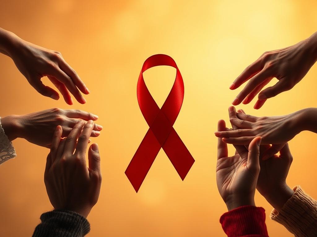 **AI Image Generation Prompt:**

Create a realistic high-resolution photo that reflects the essence of World AIDS Day, observed on December 1st each year. The composition should be simple and clear, focusing on a single subject—a solitary red ribbon, universally recognized as a symbol of AIDS awareness. 

Position the red ribbon prominently in the foreground, elegantly draped against a serene backdrop that conveys hope and unity. The background should feature soft, golden hues with gentle lighting, creating