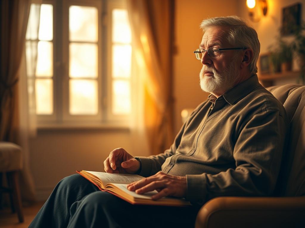 Create a realistic high-resolution photo for a blog titled "How to Identify a False Prophet." The composition should feature a single subject, a wise and serene middle-aged man sitting in a cozy, softly lit setting that evokes a sense of contemplation and reflection. The man should have a thoughtful expression, suggesting deep insight, as he holds an open book with blank pages in his lap — symbolizing the quest for knowledge and understanding. 

The background should be a tranquil room with warm, golden hue