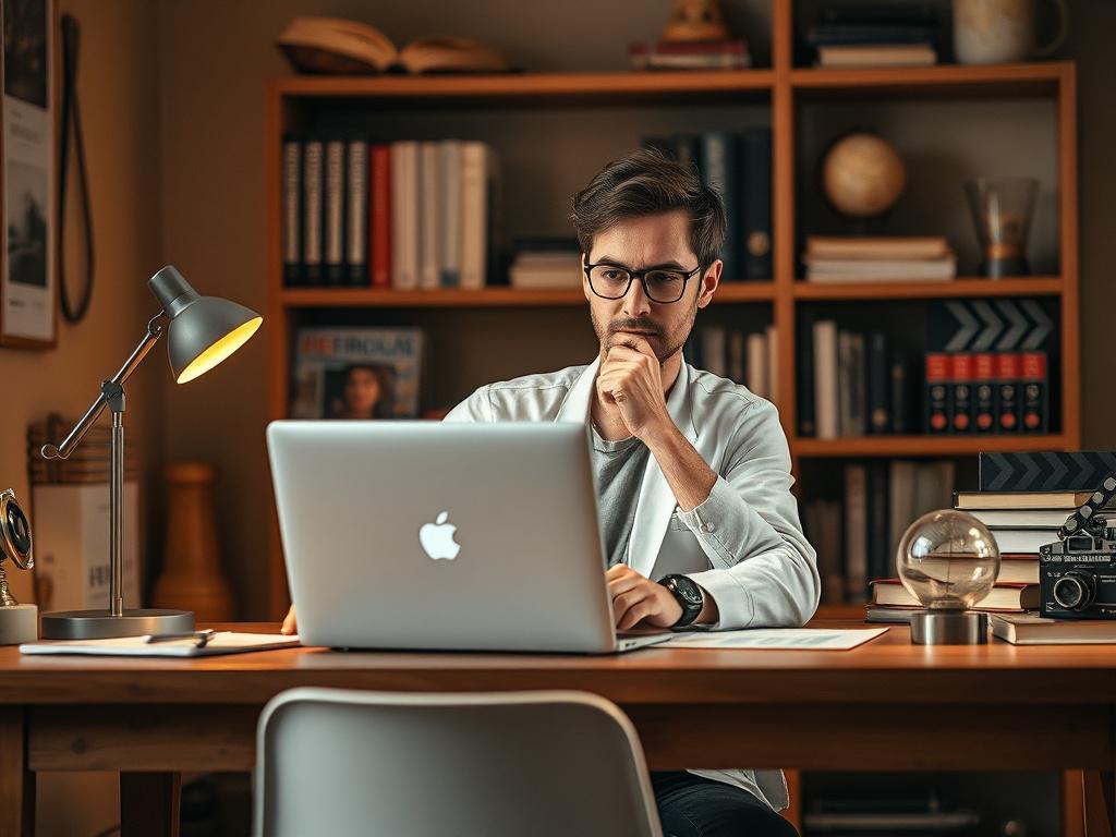 Create a realistic high-resolution photo featuring a single thoughtful individual seated at a wooden desk in a warmly lit study environment. The person, a professional-looking blogger in their mid-30s, is intently writing or typing on a laptop, symbolizing dedication to educative and informative blogging. The setting includes subtle, well-organized elements representing diverse knowledge areas: a stethoscope and medical books neatly placed on one side symbolizing medical science; a small football trophy and