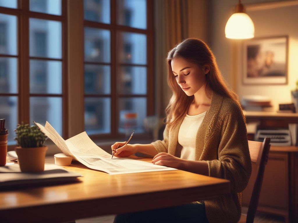 Create a realistic high-resolution photo of a focused young woman sitting at a wooden desk in a cozy, warmly lit room bathed in golden hues and soft lighting. She is reading a detailed newspaper or digital tablet displaying engaging news articles about the latest informative and educative news and discoveries. The background is softly blurred to maintain a serene and calm atmosphere, featuring warm-toned shelves with neatly arranged books and a small potted plant. The composition is simple and clear, center