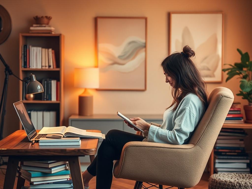 A cozy and serene workspace featuring a writer deeply focused on creating motivational content. The setting has soft golden lighting that enhances the warm atmosphere, with a comfortable chair, a wooden desk filled with books and a laptop. In the background, soft abstract art on the walls, complementing the warm color palette. The composition should convey tranquility and creativity, inviting the viewer to immerse themselves in the inspiring environment.