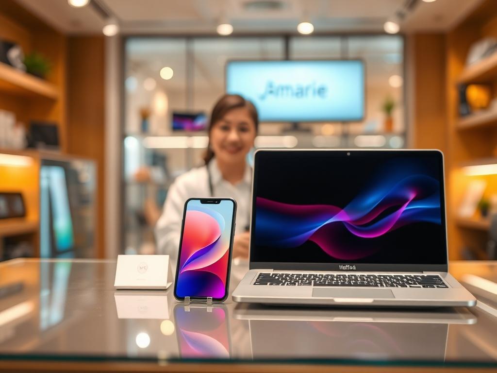 A cozy, inviting electronics store with a single high-resolution image of a modern smartphone and a sleek laptop on display. The background features warm golden hues with soft lighting, creating a serene atmosphere. The focus is on the devices, showcasing their elegant designs and latest features, with a blurred, friendly staff member visible in the background, ready to assist customers.