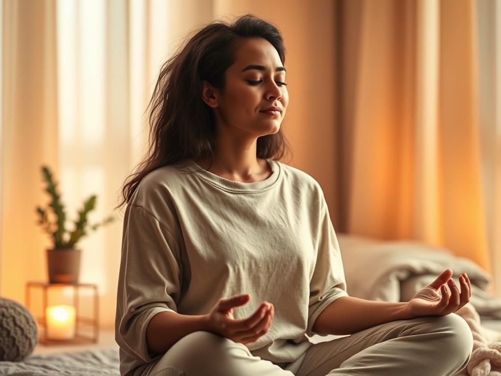 Create a realistic high-resolution image for a blog titled "How to Control Your Sexual Urge." The composition should be simple and clear, featuring a single subject—an individual sitting in a serene, cozy room. This person, embodying calmness and focus, is gently meditating or practicing mindfulness, with eyes closed and a peaceful expression. 

The individual should be dressed in comfortable, casual attire, perhaps in soft, neutral colors that complement the warm golden hues of the surrounding space. The b