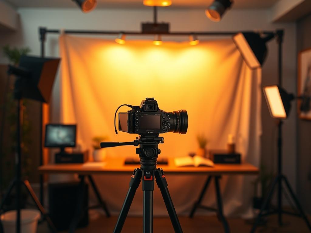 A serene and inviting video production studio setting featuring a high-quality camera on a tripod, soft golden lighting illuminating the workspace, and a neatly arranged backdrop that enhances the warmth of the atmosphere. The focus should be on the camera as the main subject, with the soft lighting creating a cozy ambiance, suggesting creativity and inspiration in video production.